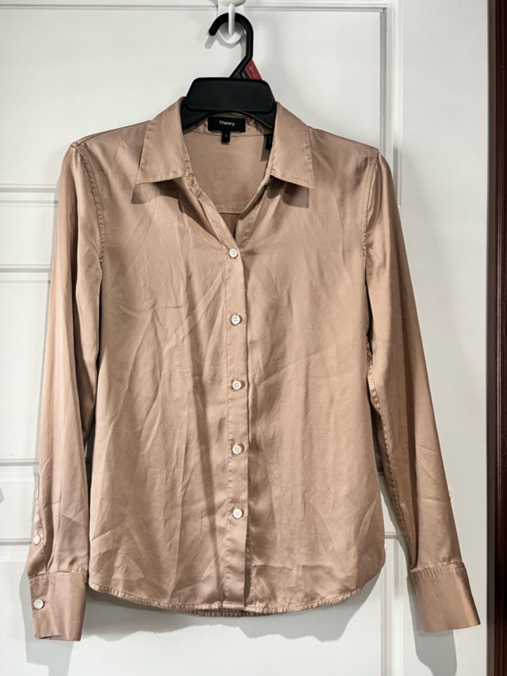 Theory Satin-Feel Button-Up Blouse in Taupe